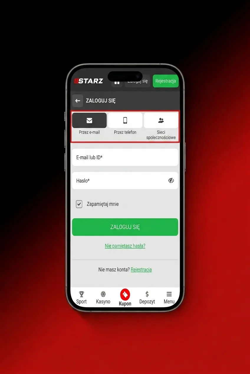 Logowanie do 888starz przez aplikację mobilną na Androida – ekran logowania z polem e-mail i hasłem