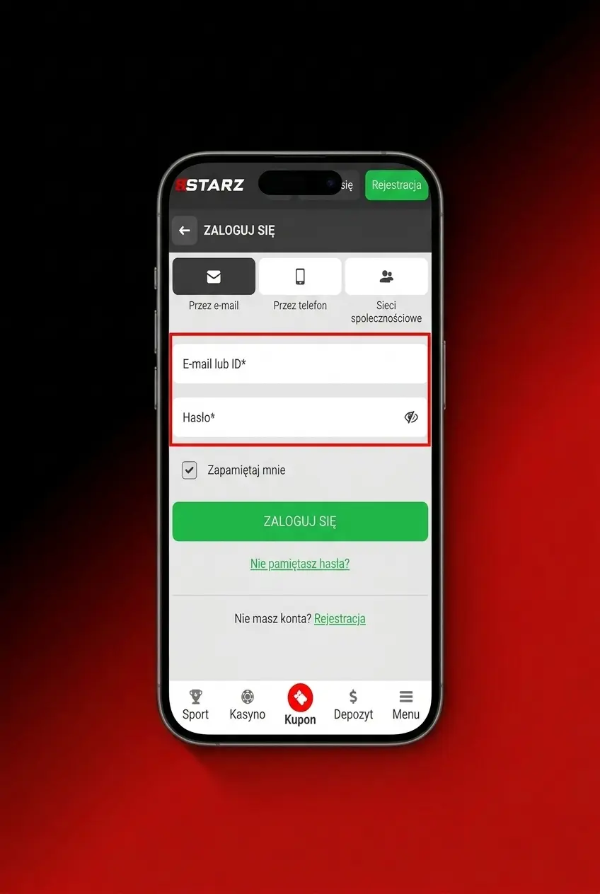 Logowanie do 888starz przez aplikację mobilną na Androida – ekran logowania z polem e-mail i hasłem